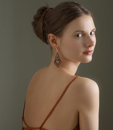 Ozel - Natural Wooden Acrylic Boho Drop Dangle Earrings for Women - Geometric Statement Jewellery - Brown, Black, Magent Red, Olive Green, White beige - color: Diamond_Brown