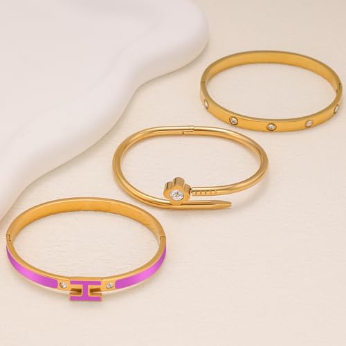 3Pcs Gold Bracelets for Women 14K Gold Plated Love/H/Nail Bangle Bracelet Dainty Non Tarnish Bracelet Jewelry Christmas Mothers Day Gifts for Women - color: 3Pcs Gold/Purple H bracelet