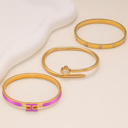 3Pcs Gold Bracelets for Women 14K Gold Plated Love/H/Nail Bangle Bracelet Dainty Non Tarnish Bracelet Jewelry Christmas Mothers Day Gifts for Women - color: 3Pcs Gold/Purple H bracelet