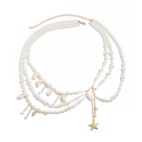 Sexy Multi-layered Starfish Pearl Pendant Waist Chain,White Pearl Tassel Hip Belly Body Chain,Festival Rave Beaded Waist Belt,Summer Shell Conch Body Jewelry for Women