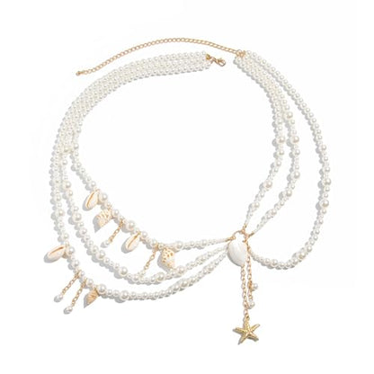 Sexy Multi-layered Starfish Pearl Pendant Waist Chain,White Pearl Tassel Hip Belly Body Chain,Festival Rave Beaded Waist Belt,Summer Shell Conch Body Jewelry for Women