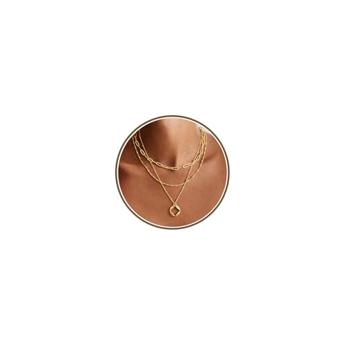 M MOOHAM Layered Gold Necklaces Stack for Women No Tarnish | 14K Gold Plated, Stackable Pendant Necklace Set, Snake Rope Cuban Paperclip Chain, CZ Coin Pendant, Dainty Jewelry Gifts - color: 3 Layered Paperclip Singapore Circle Pendant-Gold