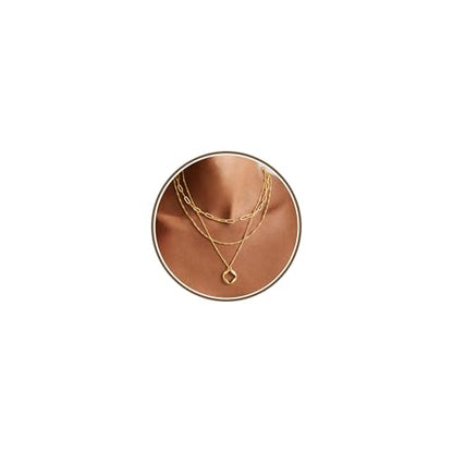 M MOOHAM Layered Gold Necklaces Stack for Women No Tarnish | 14K Gold Plated, Stackable Pendant Necklace Set, Snake Rope Cuban Paperclip Chain, CZ Coin Pendant, Dainty Jewelry Gifts - color: 3 Layered Paperclip Singapore Circle Pendant-Gold
