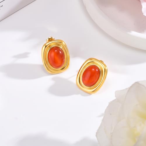 Chunky Gold Stud Earrings for Women 18K Gold Plated Hypoallergenic Chunky Statement Earrings Big Natural Crystal Stone Earring Gift for Women - color: Carnelian