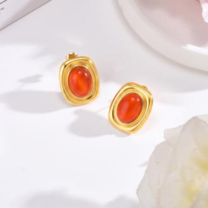Chunky Gold Stud Earrings for Women 18K Gold Plated Hypoallergenic Chunky Statement Earrings Big Natural Crystal Stone Earring Gift for Women - color: Carnelian