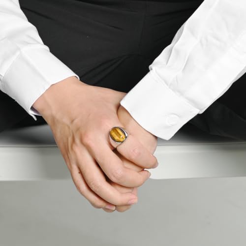 Stainless Steel Tiger Eye Obsidian Ring for Men Women, Oval Stone Signet Ring, Gold Silver Black Tone Stainless Steel Statement Jewelry Gift for Daily Wear - color: Gold Obsidian
