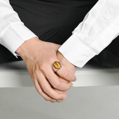 Stainless Steel Tiger Eye Obsidian Ring for Men Women, Oval Stone Signet Ring, Gold Silver Black Tone Stainless Steel Statement Jewelry Gift for Daily Wear - color: Silver Tiger Eye Stone