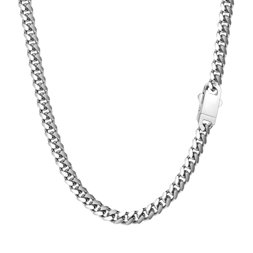 Miami Cuban Link Chain Necklace for Men Women Gold Plated Silver Black Stainless Steel Curb Chain Necklace 5mm/7mm/8mm/9mm/12mm/14mm Width 18 to 30 inch Secure Clasp Hip Hop Jewelry Gifts for Men - color: a. 5mm width-Silver, size: 22inch