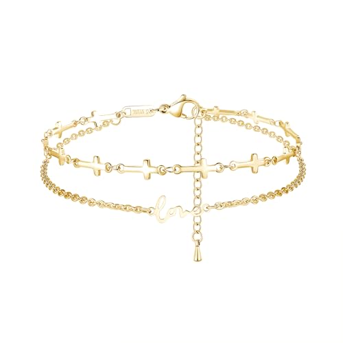 mnmoom Double Layer Cross Anklet for Women, Stainless Steel Love Charm, 10.6 Inch Adjustable Chain, Gold/Silver - color: Gold