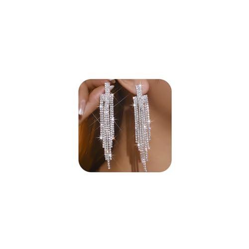 Silver Shiny Rhinestone Long Tassel Dangle Earrings for Women Trendy, Unique Bling Zirconia Drop Earring Dainty Prom Party Jewelry Accessories Gift - color: Silver 2