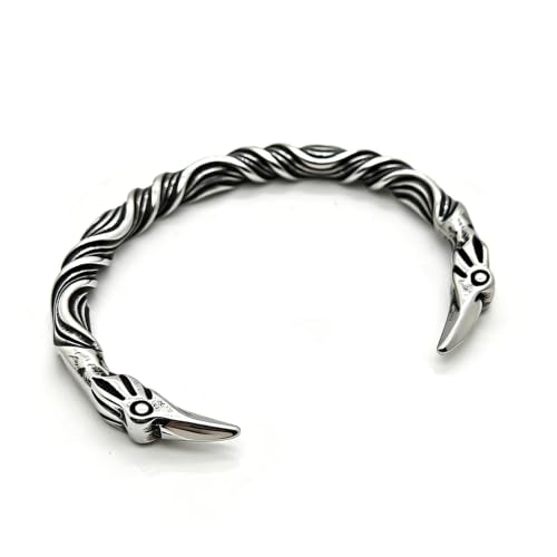 Raven Torc Bracelet for Men Norse Viking Raven Bangle Adjustable Stainless Steel Twisted Viking Jewelry - color: Silver