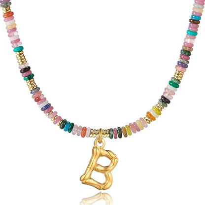 YOUFENG Initial Letter Necklaces for Women Colorful Beaded Gemstone Choker 14K Gold Plated Bamboo Letter Pendant Necklace Natural Stone Handmade Jewelry Gift - color: B