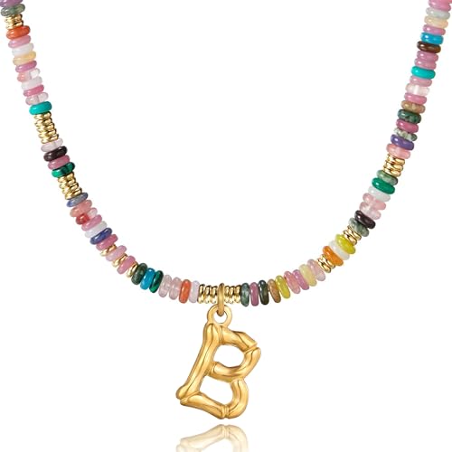 YOUFENG Initial Letter Necklaces for Women Colorful Beaded Gemstone Choker 14K Gold Plated Bamboo Letter Pendant Necklace Natural Stone Handmade Jewelry Gift - color: B