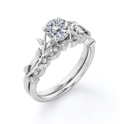 Center 1 CT Round Cut Floral Moissanite Wedding Rings Sets for Women Leaf and Vine Art Deco Engagement Ring Sets in S925 Sterling Silver 10K 14K 18K Gold with Text Engraving - color: Style A