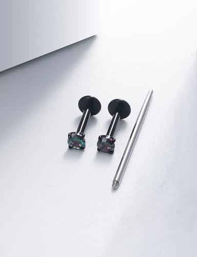 18G 16G 14G Internally Threaded Nose Rings Studs Flat Back Earrings Surgical Steel CZ Nose Rings Stud Tragus Helix Conch Cartilage Earrings Stud Piercing Jewelry For Women Men Hypoallergenic - color: Black-Rainbow CZ, size: 16 Gauge-7mm Bar-3mm CZ