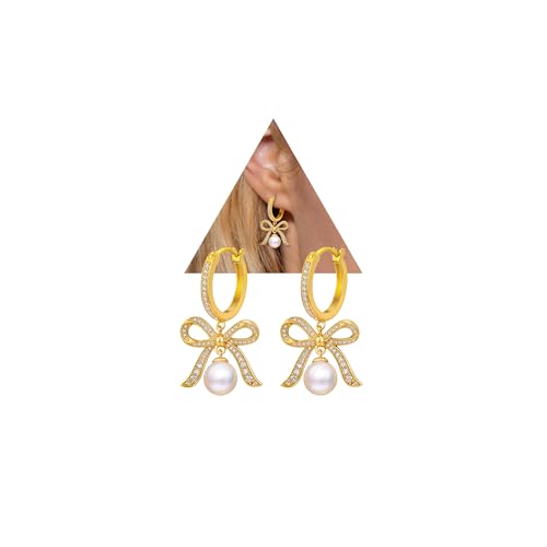 Pearl Drop Huggie Hoop Earrings for Women, Gold & Silver Hypoallergenic Bow | 14K Gold Plated, 925 Sterling Silver Posts, Hypoallergenic, Ideal Gifts for Wedding Anniversary Birthday Mother's Day - color: Gold