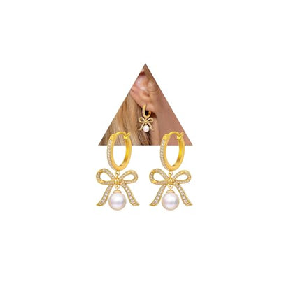 Pearl Drop Huggie Hoop Earrings for Women, Gold & Silver Hypoallergenic Bow | 14K Gold Plated, 925 Sterling Silver Posts, Hypoallergenic, Ideal Gifts for Wedding Anniversary Birthday Mother's Day - color: Gold
