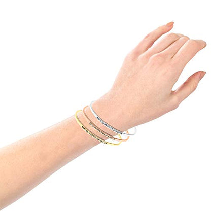 SM Inspirational Positive Message Engraved Thin Cuff Bangle Bracelets for Women (Braver,Stronger,Smarter - Silver)