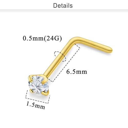 Nose Studs Surgical Steel Nose Rings Studs with Cubic Zirconia 10Pcs Tiny Nostril Rings for Women Screw Bone and L-Shaped Nostril Piercing Jewelry 24G 22G 20G 18G - color: goldtone,L shaped nose studs, size: 24g,1.5mm Clear CZ