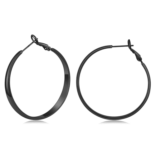 Gacimy 5mm Wide Gold Hoop Earrings for Women, 14K Gold Plated Hoops with 925 Sterling Silver Post, Hypoallergenic Earrings for Women - color: Black, size: 40mm