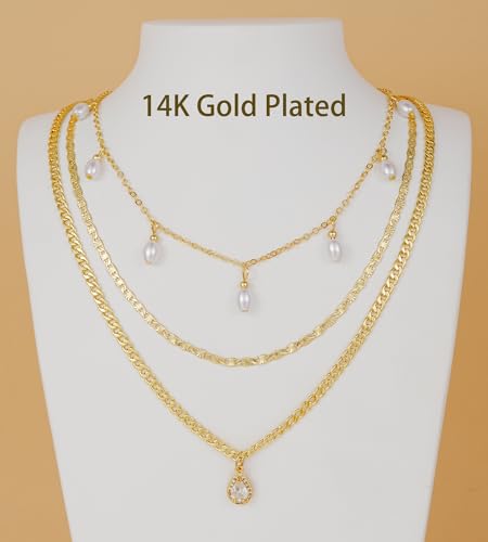 YEEZII Layered Gold Necklaces for Women Trendy, 3 Pcs 14K Gold Plated Choker Paperclip Box Chain Necklace, Stackable Women's Gold Pendant Necklaces Jewelry Set - color: Gold-3 Pcs-Pearl