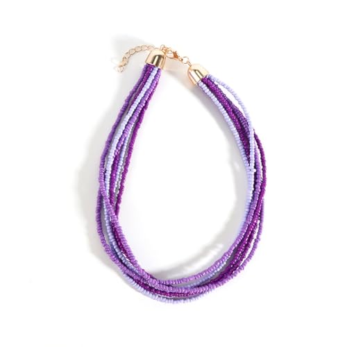 Colorful Multi-layered Seed Beaded Necklace Choker For Women Bohemian Handmade Crystal Stone Gemstone Hawaiian Necklace Holiday Birthday Summer Beach Jewelry Gift - color: Purple