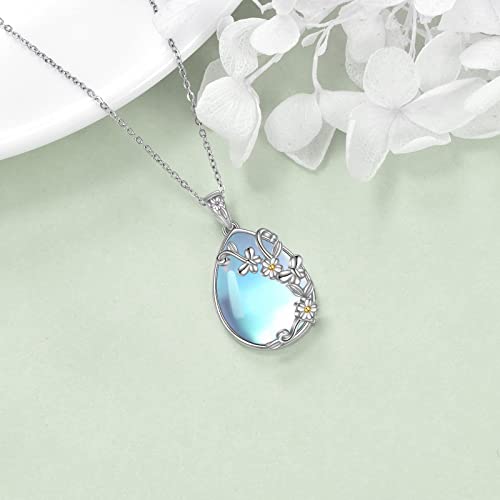YAFEINI 925 Sterling Silver Moonstone Necklace Filigree Teardrop Pendant Necklace Jewelry for Women Girls - color: C-Daisy Butterfly Moonstone