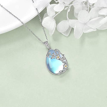 YAFEINI 925 Sterling Silver Moonstone Necklace Filigree Teardrop Pendant Necklace Jewelry for Women Girls - color: C-Daisy Butterfly Moonstone