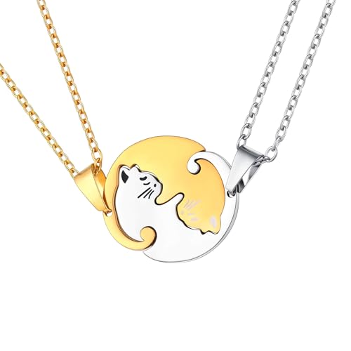 U7 Cat Pendant Necklace for Women Stainless Steel Cute Kitty Cat Jewelry Gift - style: 02-Round Cat Set-Gold+Steel