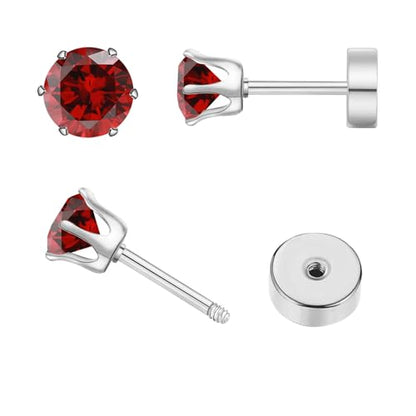 Birthstone Stud Earrings | Hypoallergenic, Brilliant Cut Round Cubic Zirconia, Flat Back, Surgical Steel, For Sensitive Ears - style: Jan Garnet