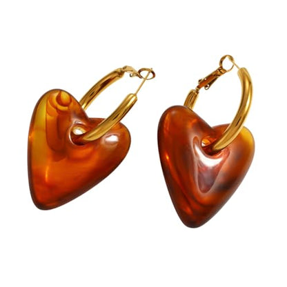 Amber Heart Dangle Drop Hoop Earrings Stainless Steel Huggie Hoops Retro Puffy Tortoiseshell Resin Love Hearted Dangling Statement Earring Vintage Birthday Jewelry for Women Lover