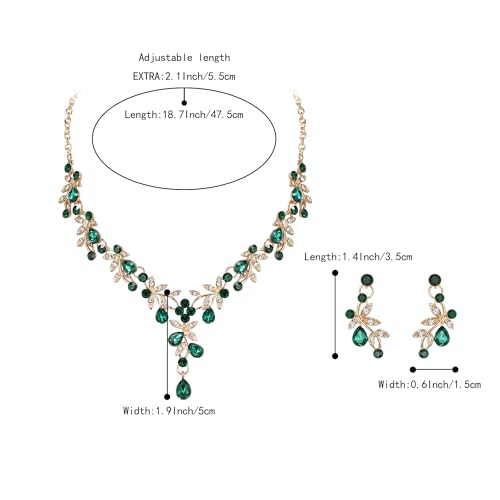 BriLove Wedding Jewelry Set for Women Bride, Y-Necklace Dangle Earrings Crystal Teardrop Leaf Flower Cluster Bridal Bridesmaid - color: 05-Emerald Color