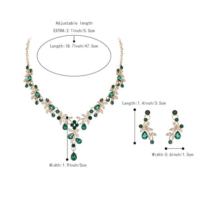 BriLove Wedding Jewelry Set for Women Bride, Y-Necklace Dangle Earrings Crystal Teardrop Leaf Flower Cluster Bridal Bridesmaid - color: 05-Emerald Color