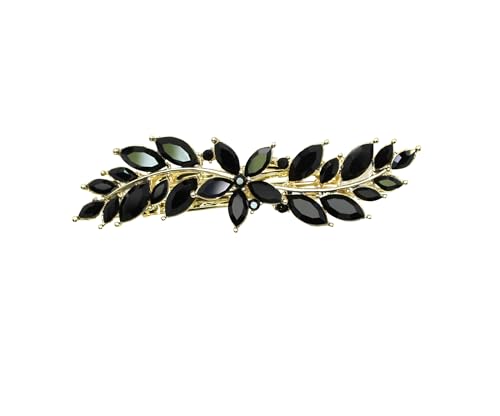 Faship Gorgeous Black Rhinestone Crystal Small Floral Hair Barrette Clip - color: Black / 14K gold plated