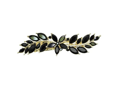 Faship Gorgeous Black Rhinestone Crystal Small Floral Hair Barrette Clip - color: Black / 14K gold plated
