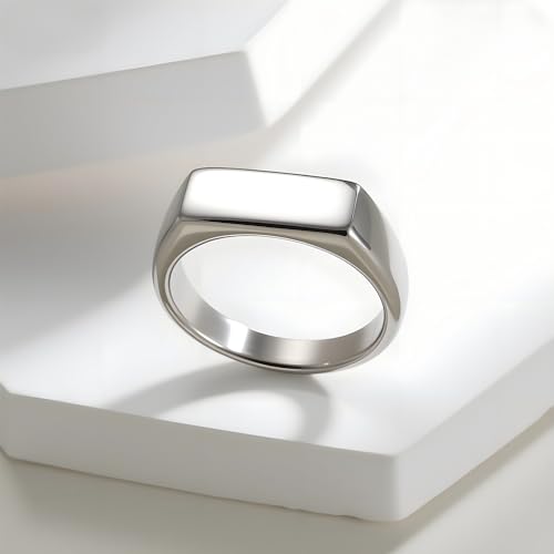 Mens Stainless Steel Plain Signet Rings 4/7/10/14MM Rectangular Pinky Rings | High Polish Classic Blank Thumb Rings, Everyday Comfit Wear, Gift for Men - color: Silver07