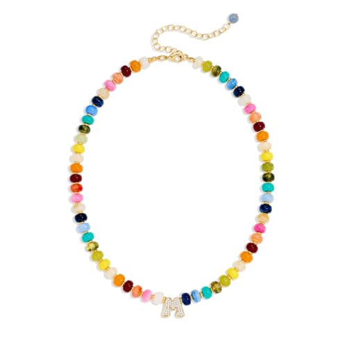 Colorful Beaded Initial Necklace for Women - Colorful Letter A-Z Necklaces, 14K Gold Plated Zirconia Bubble Letter Charm, Women Gold Jewelry Personalized Birthday Gifts - color: M