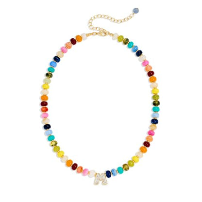 Colorful Beaded Initial Necklace for Women - Colorful Letter A-Z Necklaces, 14K Gold Plated Zirconia Bubble Letter Charm, Women Gold Jewelry Personalized Birthday Gifts - color: M
