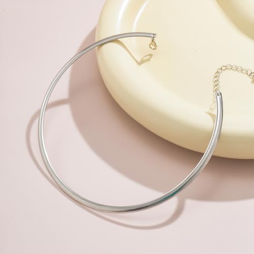 Chunky Gold Choker Necklaces for Woman Fashion Thick Statement Collar Necklace Adjustable Trendy Large Circle Hoop Jewelry Rock Prom Accessories - color: Silver