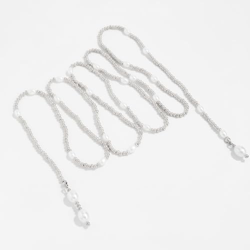 Long Black Beaded Necklace for Women Trendy Gold Beads Slip Tie Pearl Wrap Necklace Layered Silver Lariat Necklaces with Pearl Drop Y Statement Necklaces Versatile Elegant Jewelry - color: Silver-Plated