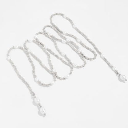 Long Black Beaded Necklace for Women Trendy Gold Beads Slip Tie Pearl Wrap Necklace Layered Silver Lariat Necklaces with Pearl Drop Y Statement Necklaces Versatile Elegant Jewelry - color: Silver-Plated
