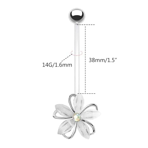 VERAMI 14G 38mm Pregnancy Belly Button Rings Flexible Bioplast Long Bar Flower Belly Rings for Maternity Clear Navel Piercing Retainer - color: Silver-white flower
