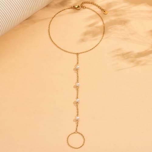 Dainty Gold Adjustable Barefoot Anklet Jewelry for Vacation Wear - color: 4 Pearls-GD