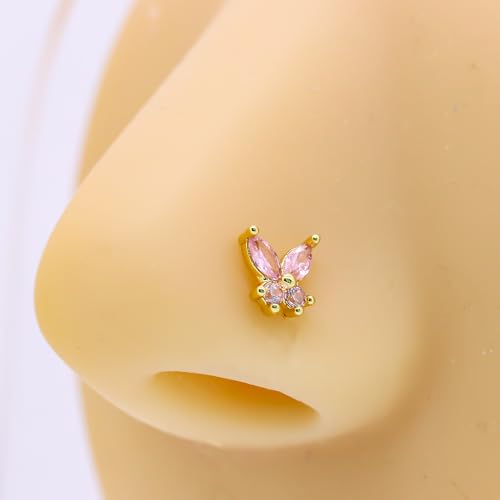 VERAMI 16G Surgical Steel Pushin Lip Rings Butterfly Flower Bee Nose Stud Rings Top Push in Threadless Flat Back Nose Rings Studs Cartilage Earrings for Womens - color: Gold-Pink CZ