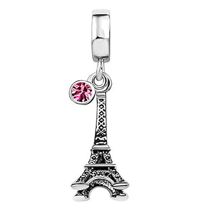 JMQJewelry Eiffel Tower Birthday Birthstone Jan-Dec Month Paris Dangle Womens Bead Charms for Bracelets Mothers Christmas Day - color: Pink