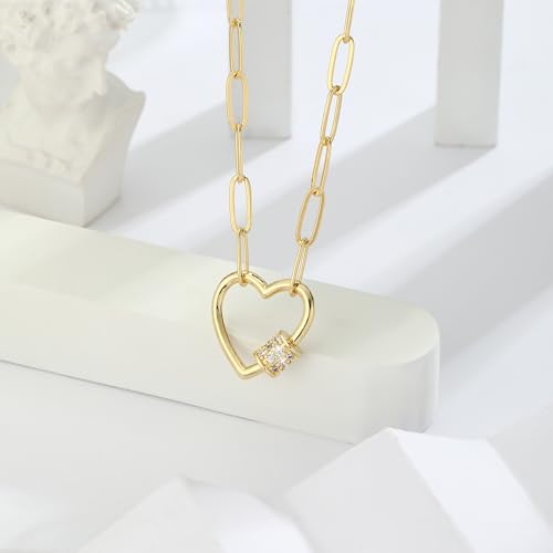 CAROVO 18K Gold Silver Plated Paperclip Chain Necklace for Women Delicate Love Heart Pendant Link Paperclip Chain Necklaces for Women - style: D: Heart CZ Necklace