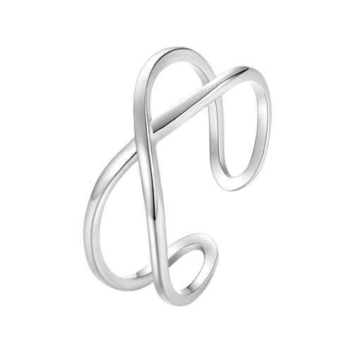 Silver Open Adjustable Stacking Rings for Women, Minimalist Wrap Band Set, Geometric/Heart/Wave/Leaf/Spiral Styles, Hypoallergenic, Gift Box Included, Thumb Ring Option - color: Cross