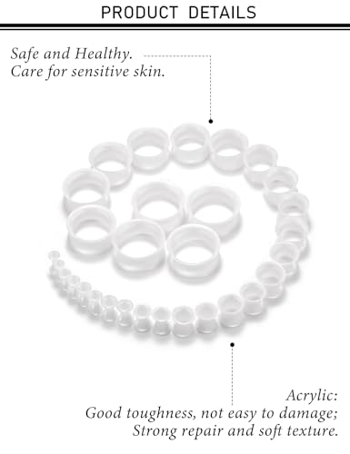 10G-25mm Thin & Thick Silicone Ear Gauges Tunnels Stretching Kit Double Flared Rubber Gauges Tunnels Plugs Flexible Soft Tunnels Earrings Gauge Kit for Women Men - color: White 10G-25mm
