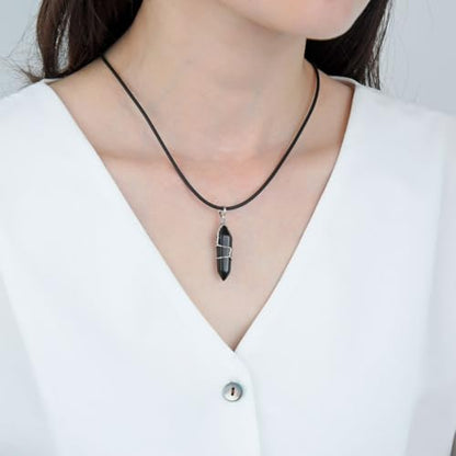 Adabele 1pc Natural Gemstone Bullet Pendant Necklace 18 Inch Crystal Stone Quartz Reiki Chakra Energy Rock PU Leather Cord Necklace Waterproof Women Jewelry - color: Obsidian (black)