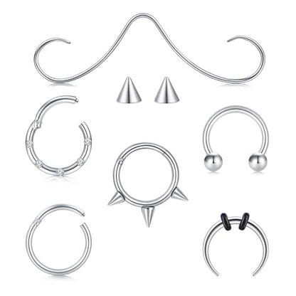 Longita Septum Rings Septum Jewelry 16g 18g Septum Ring Septum Piercing 20g Horseshoe Earring Hoop Lip Ring Silver Black Gold - color: 6pcs silver-81